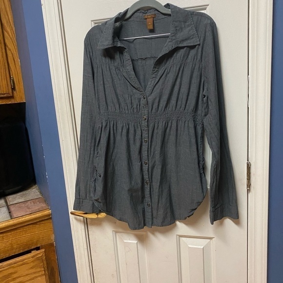 Copper Key Womens Gray Button Up Top Size xL Long Sleeve Cinch side and front - Picture 2 of 11
